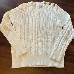 Charter Club Button-Shoulder Cream Crew Neck‎ Cable Knit Sweater Size Large